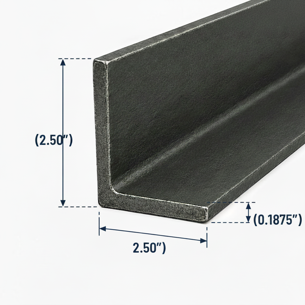 Metal angle iron with dimensions labeled on a white background 2.5” by 2.5” by 0.1875” thick