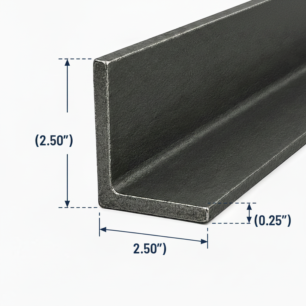 Metal angle iron with dimensions labeled on a white background 2.5” by 2.5” by 0.25” thick