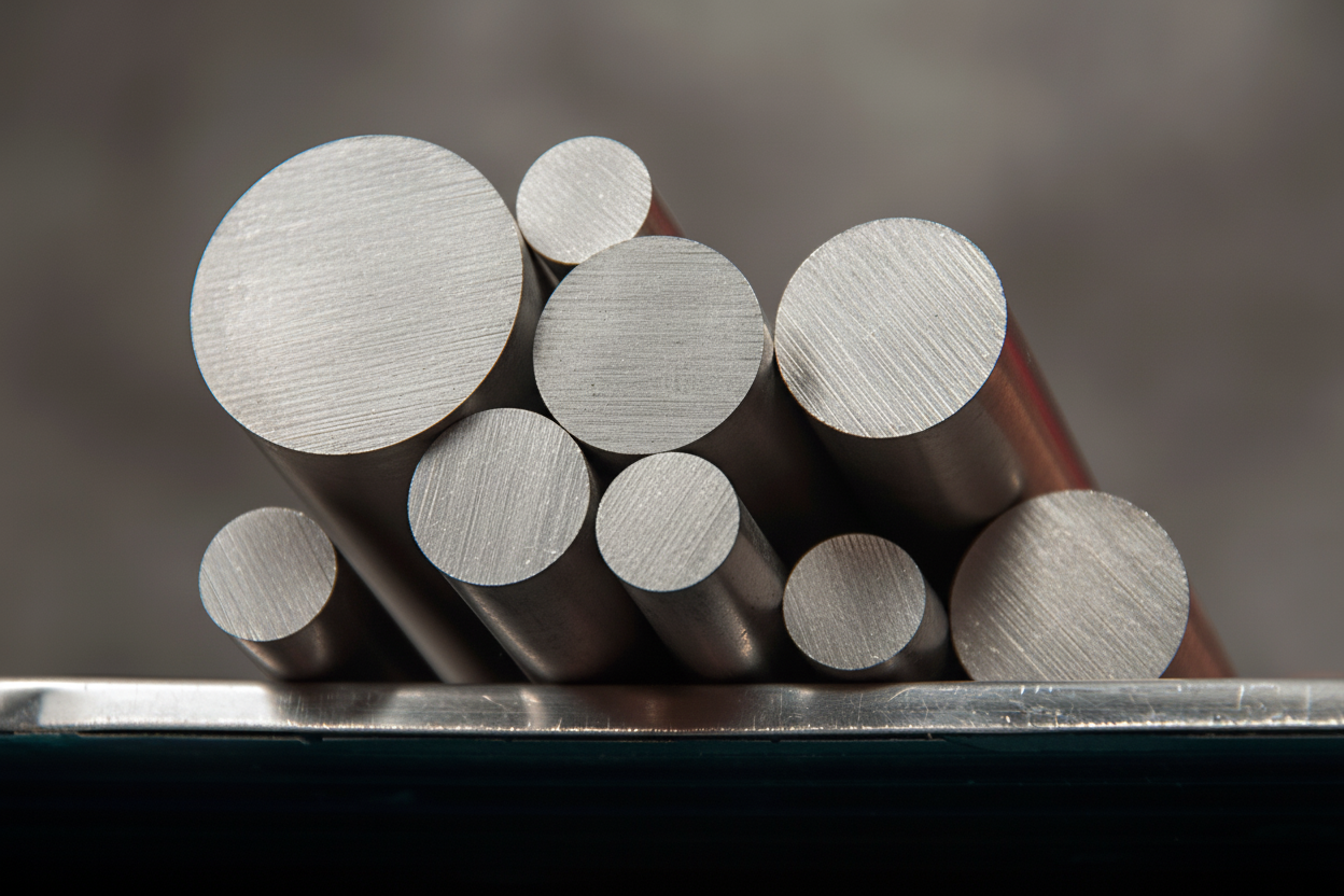 Metal rods stacked on a dark surface with a blurred background 