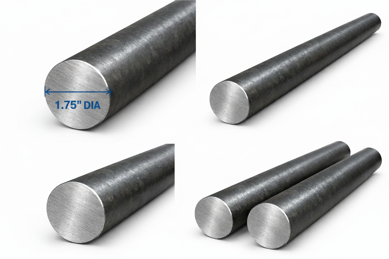 Metal rods with a diameter of 1.75 inches on a white background