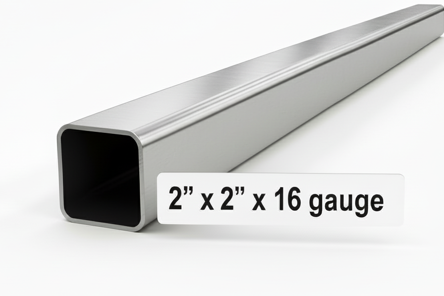 Metal square tube with dimensions '2" x 2" x 16 gauge' on a white background