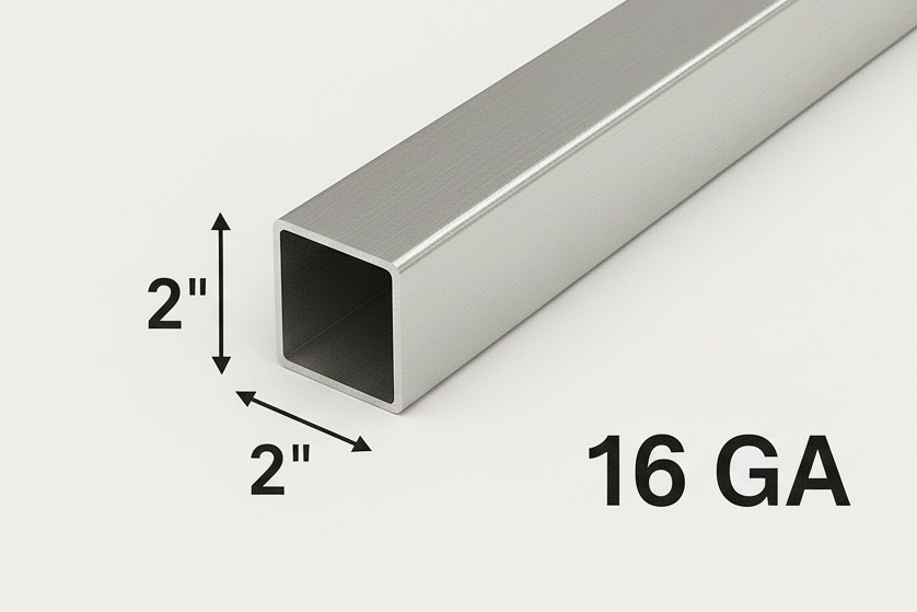 Metal square tube with dimensions and gauge information on a white background