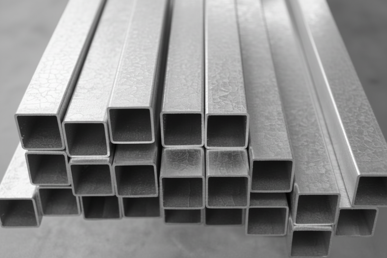 Metal square tubes stacked on a gray surface