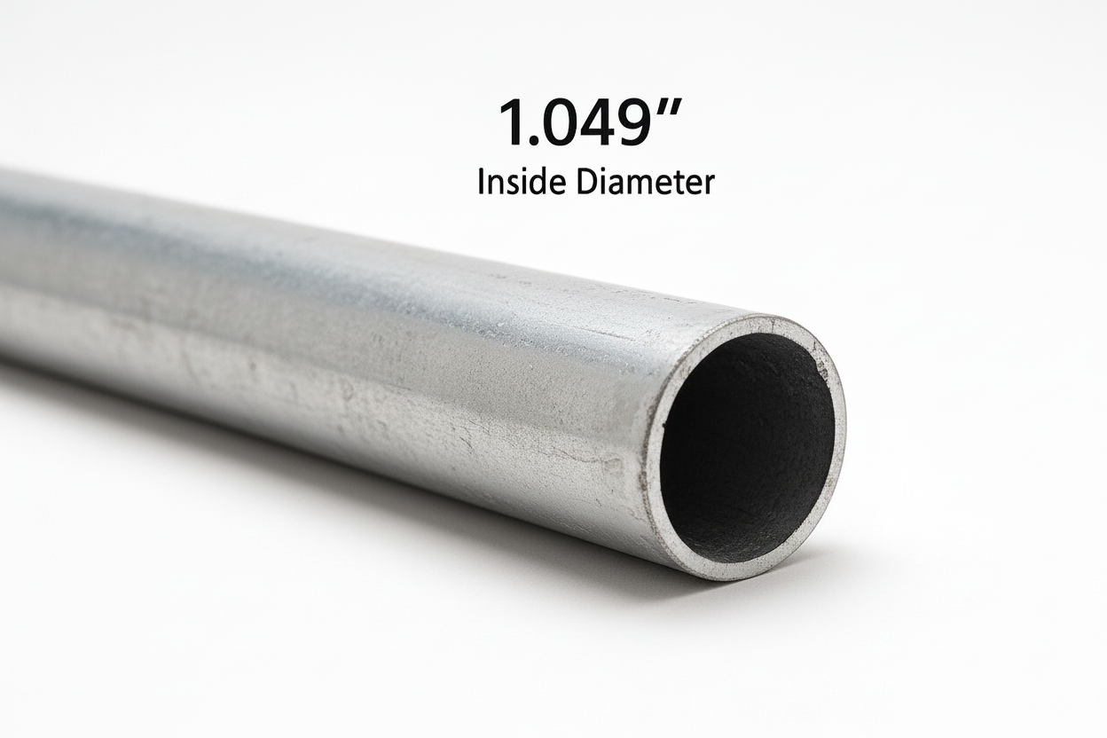Metal tube with an inside diameter of 1.049 inches on a white background