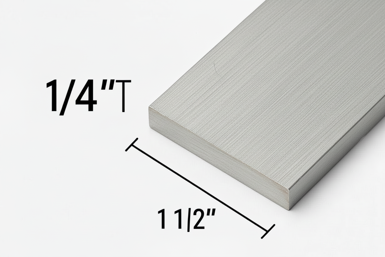 Metallic strip with dimensions labeled on a white background