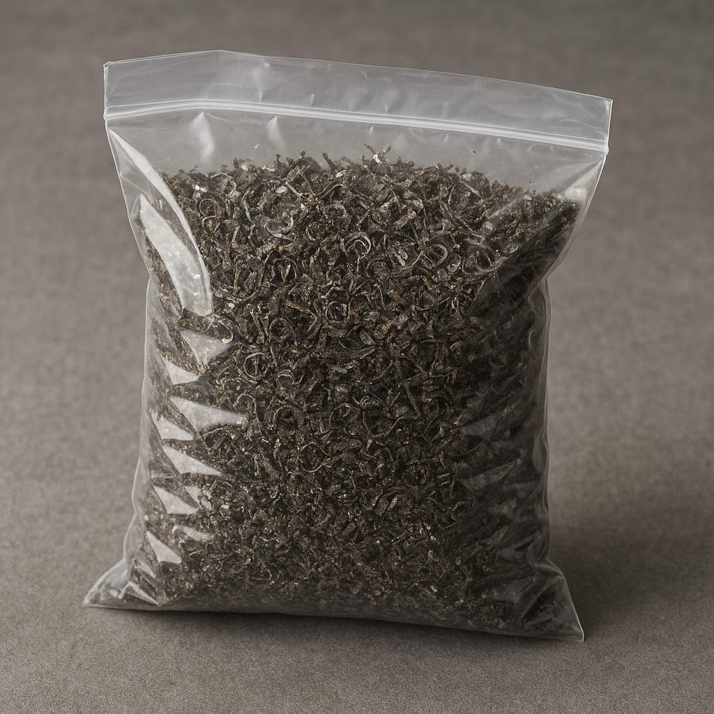 Mixed metal shavings in a clear plastic bag