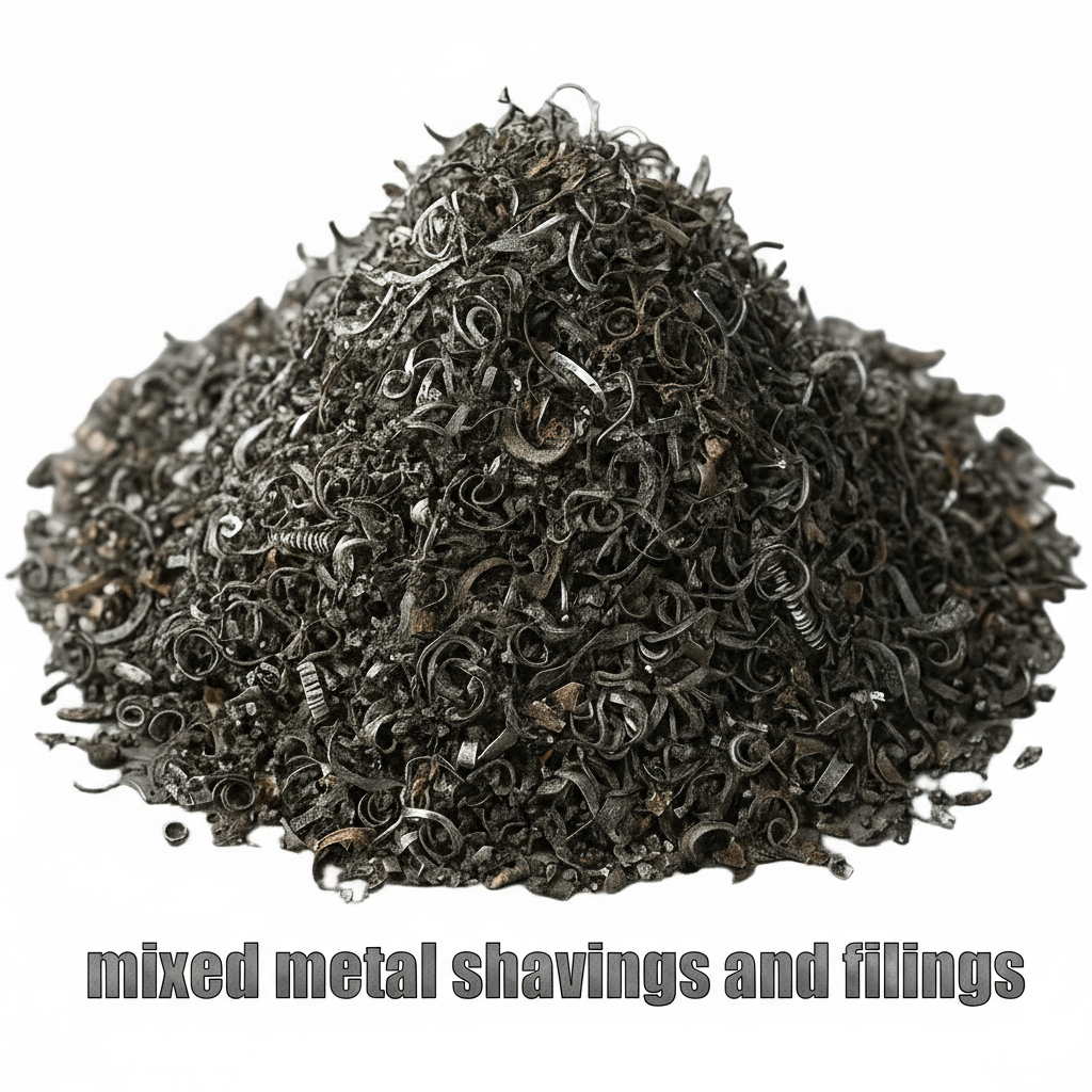 Pile of mixed steel and aluminummetal shavings and fillings on a white background