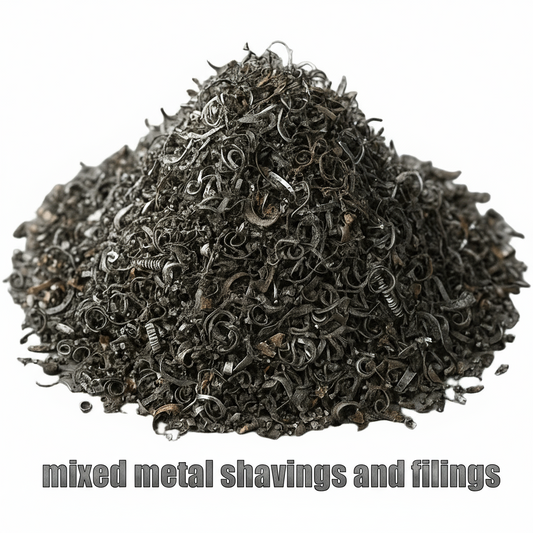 Pile of mixed steel and aluminummetal shavings and fillings on a white background
