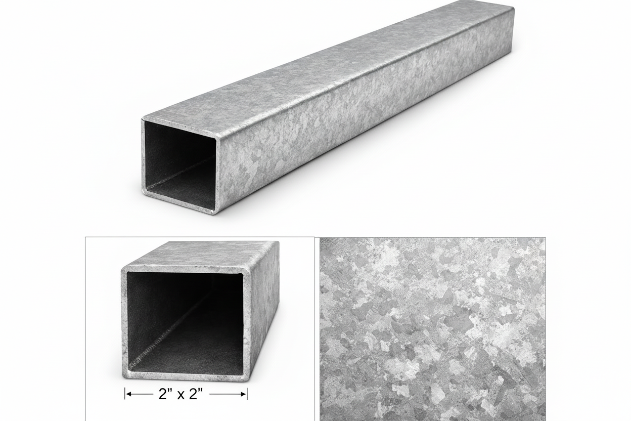 Rectangular metal tube with close-up of texture and dimensions on a white background