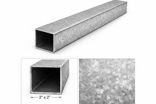 Rectangular metal tube with close-up of texture and dimensions on a white background
