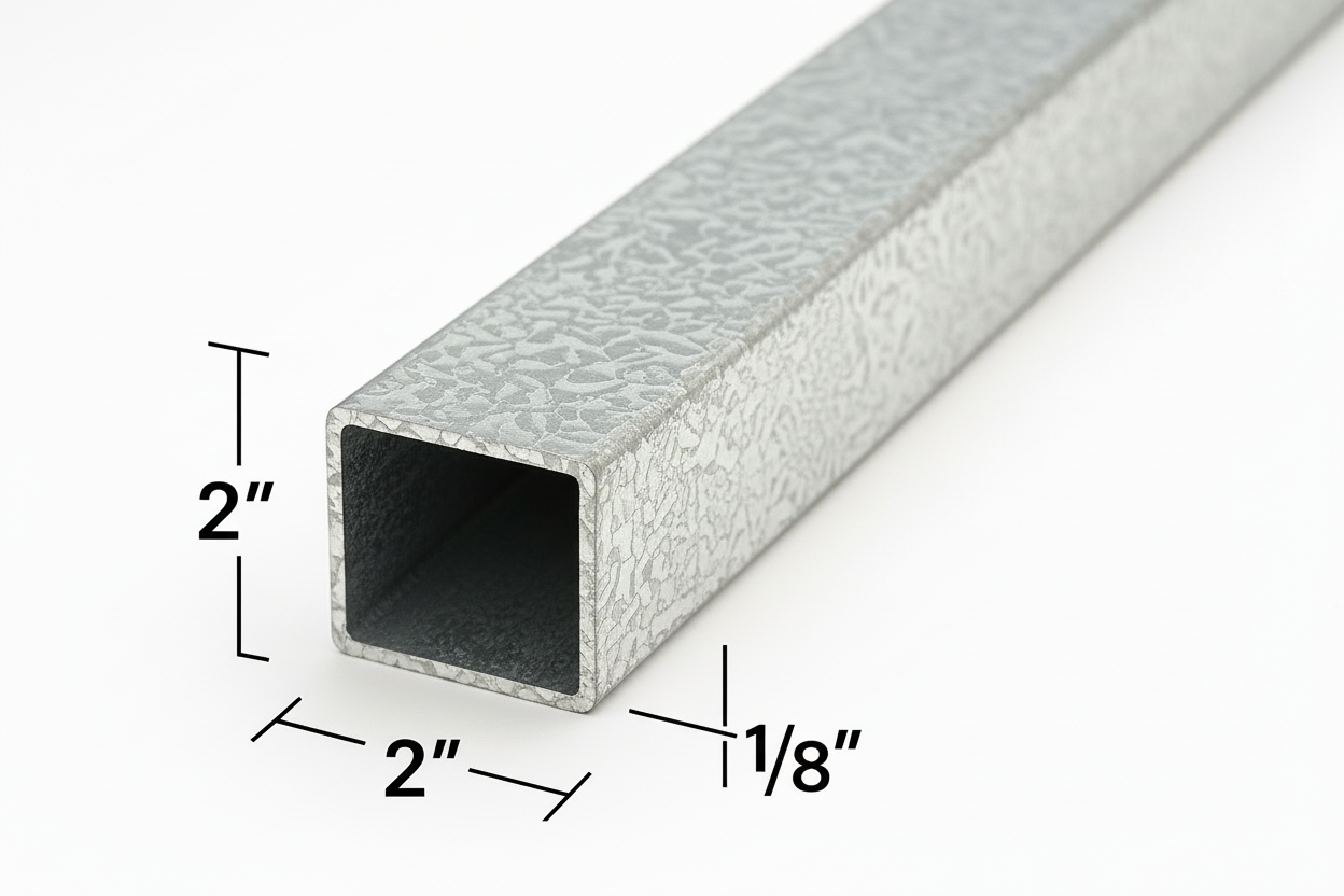 Rectangular metal tube with dimensions labeled on a white background