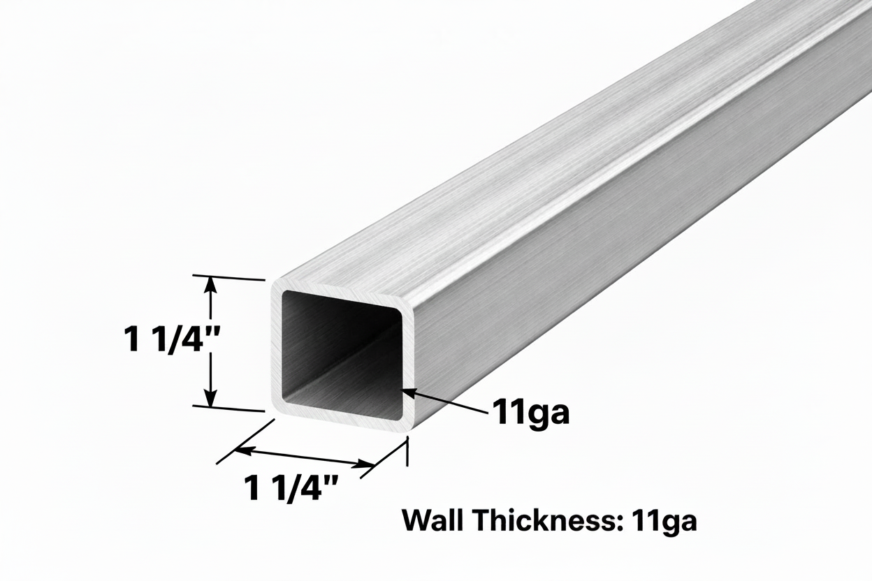 Rectangular metal tube with dimensions labeled on a white background