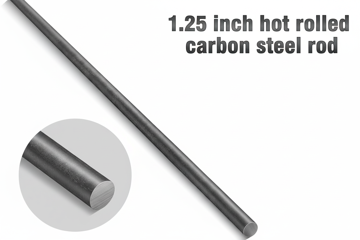 Solid metal rod with an inset image of a close up of the bar from an angle showing the diameter edge 1.25”