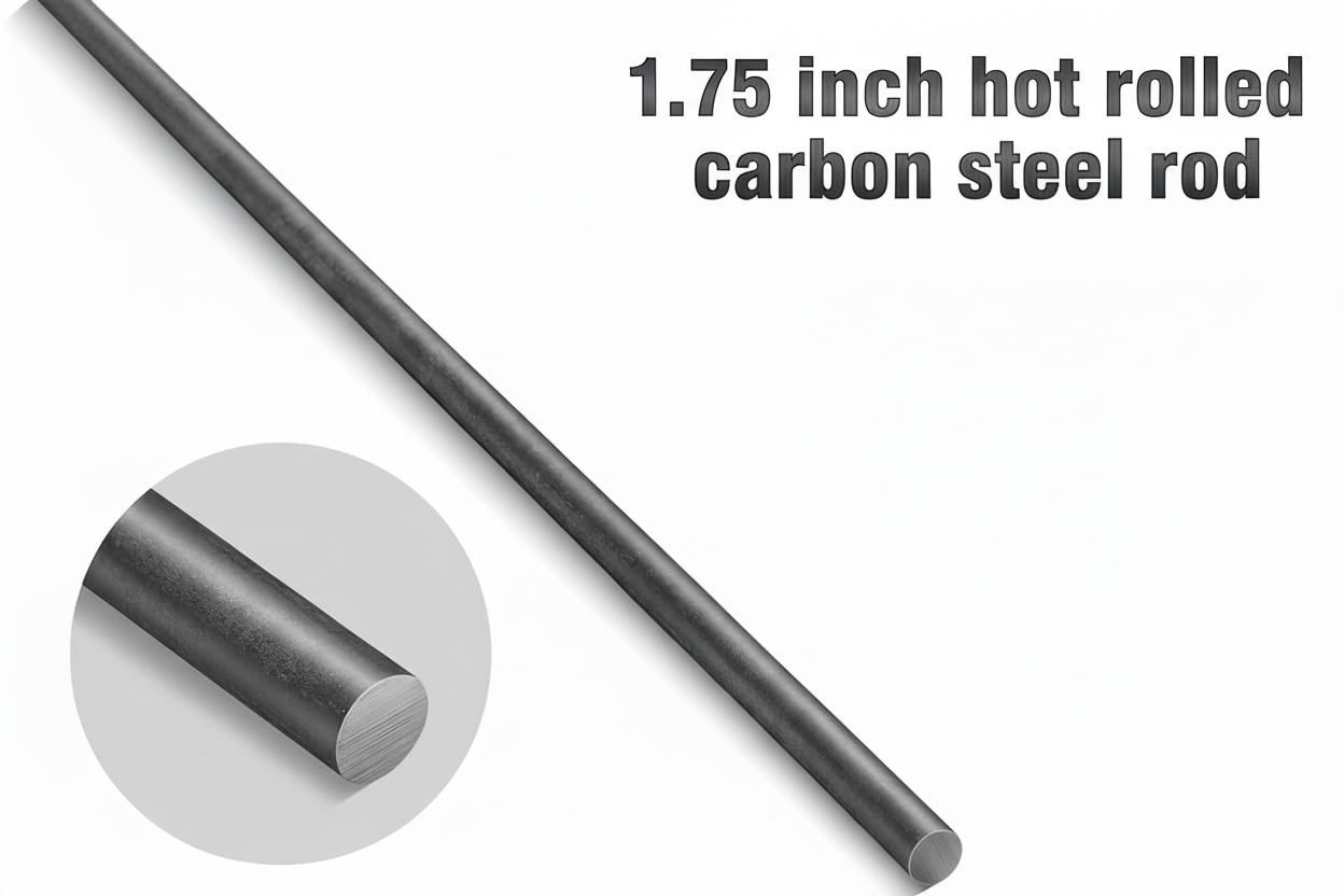 Solid metal rod with an inset image of a close up of the bar from an angle showing the diameter edge 1.75”