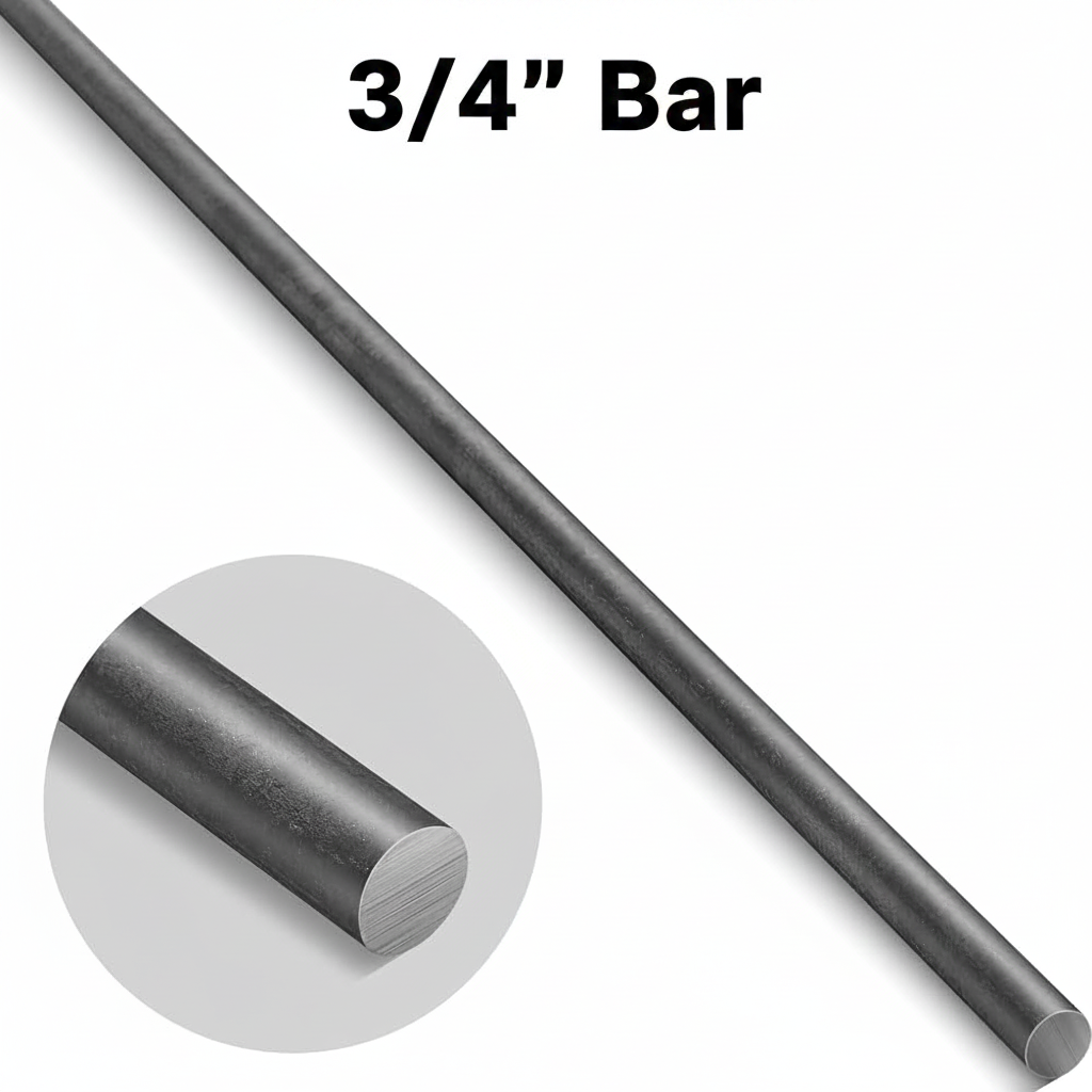 Solid metal rod with an inset image of a close up of the bar from an angle showing the diameter edge of 3/4”