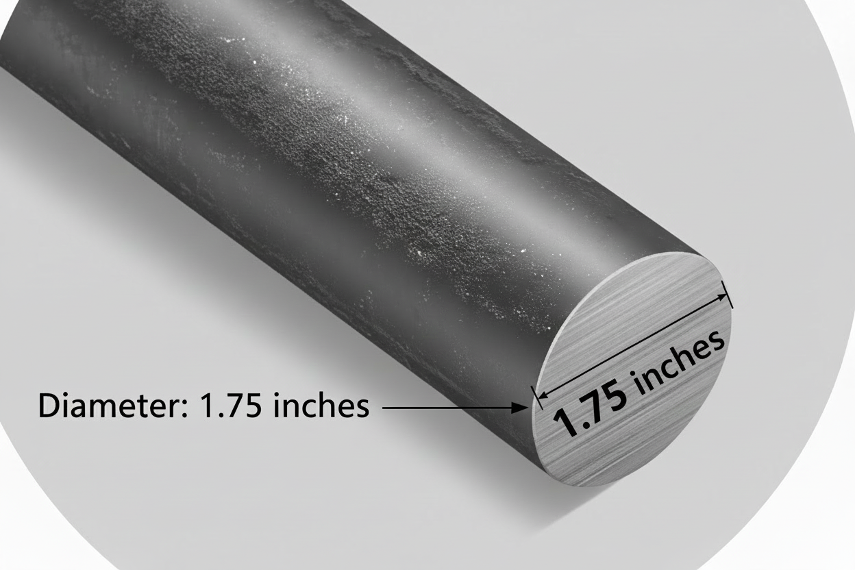 Solid round rod showing at an angle so the diameter is visible 1.75”