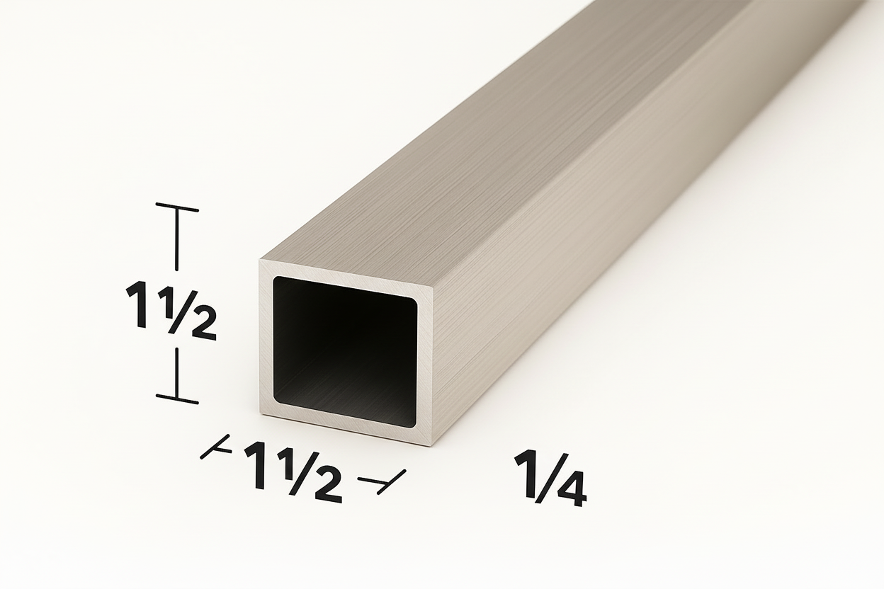 Square metal tube with dimensions labeled on a white background