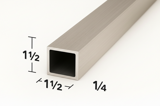 Square metal tube with dimensions labeled on a white background