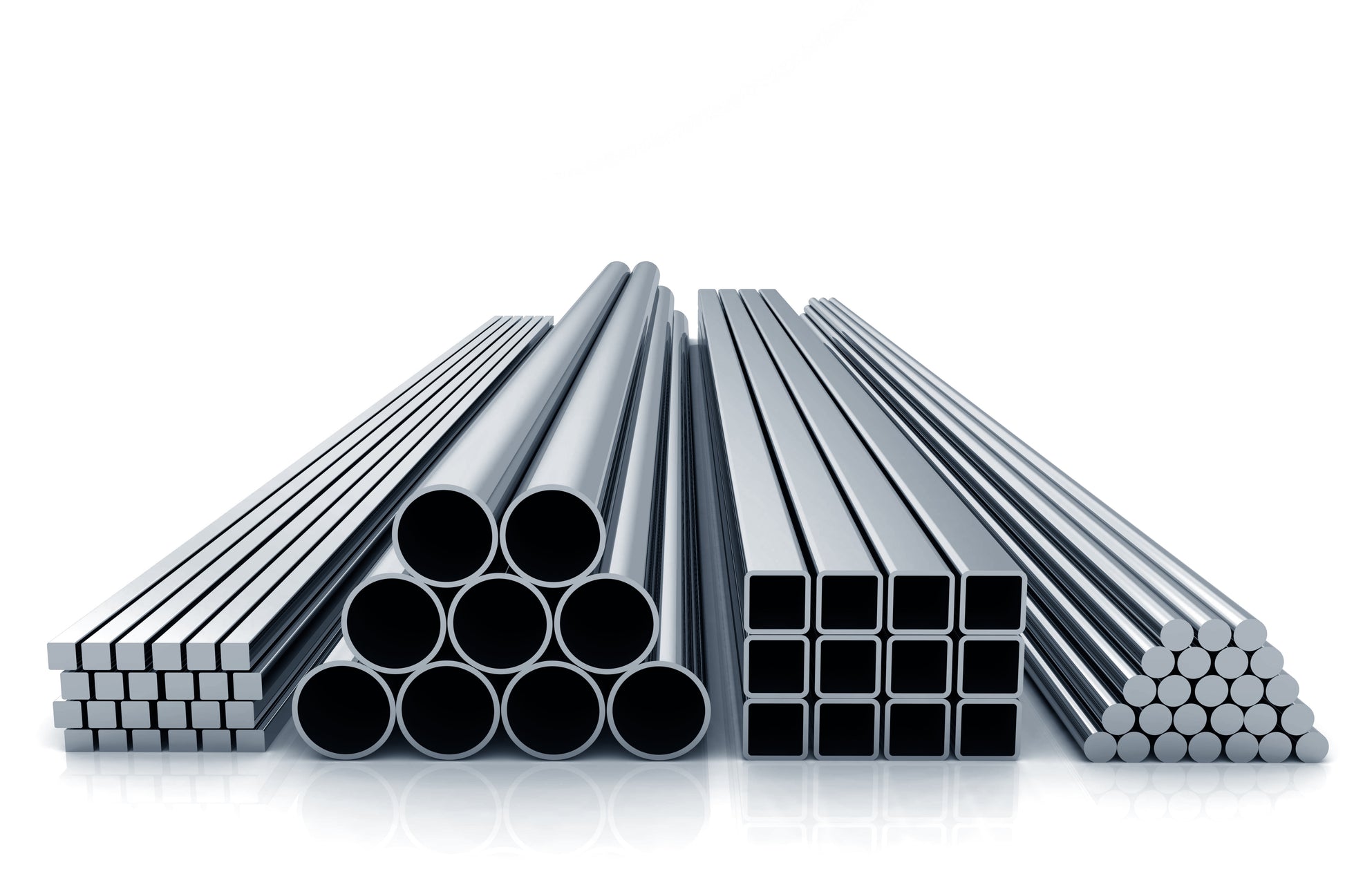 Stack of metal pipes and bars on a white background