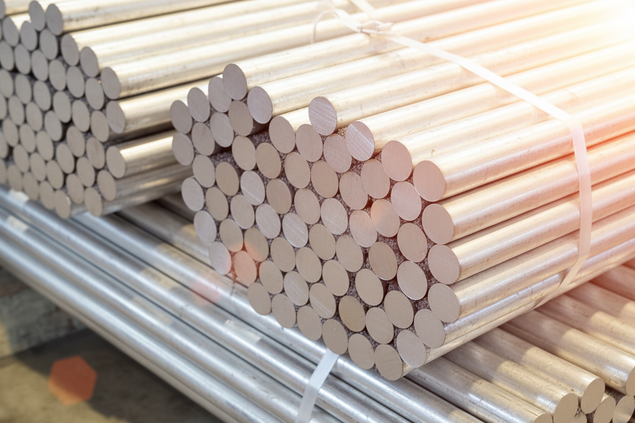 Stack of metal rods tied together with a white rope on a metal surface.