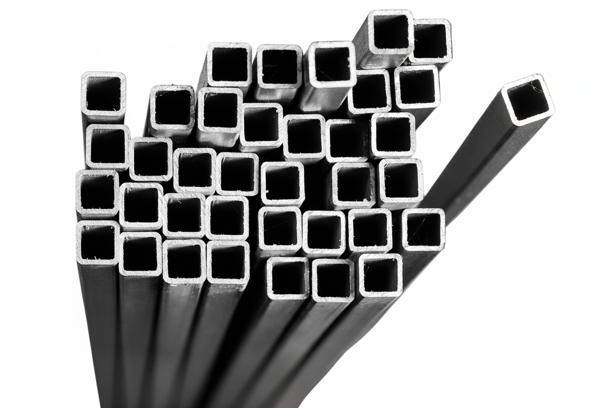Stack of metal square bars on a white background