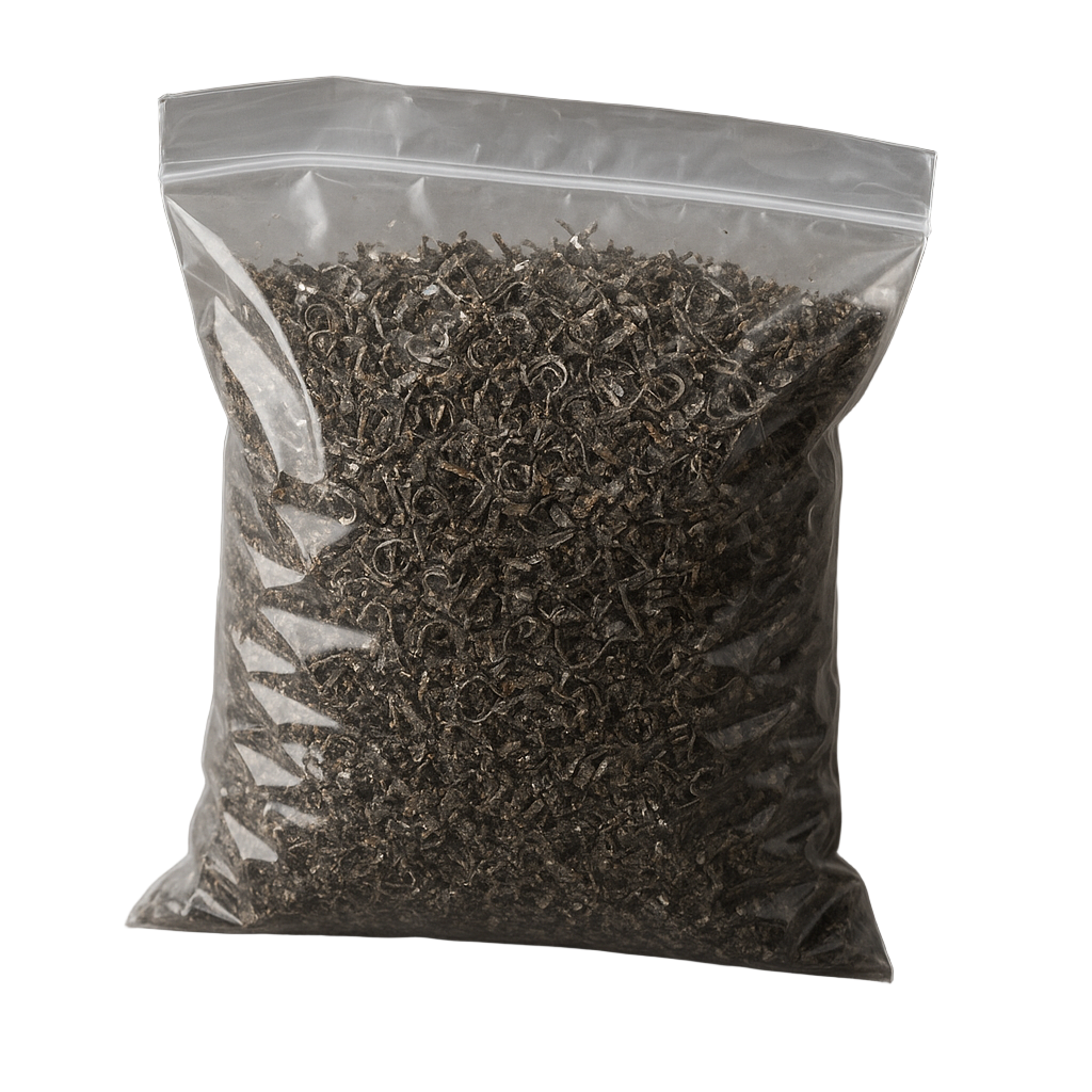Steel and aluminum shavings in a clear plastic bag