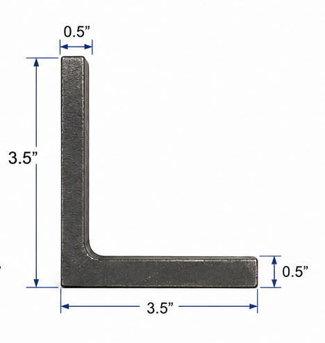 Steel angle iron product with dimensions, specifications, and views on a white background