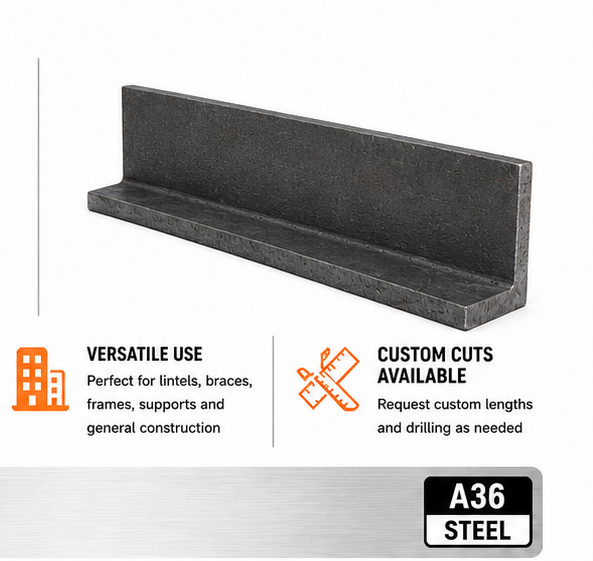 Steel angle iron product with specifications and features on a white background