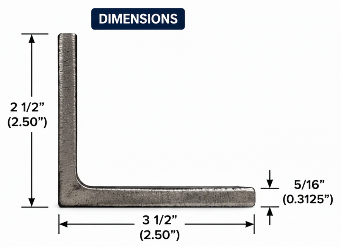 Steel angle iron trim bracket/lintel brace with dimensions and views on a white background