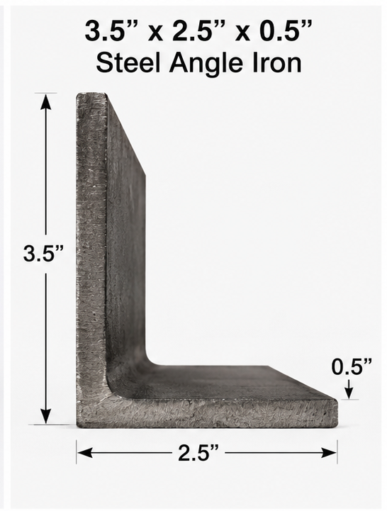 Steel angle iron with dimensions 3.5” x 2.5” x .5” on a white background