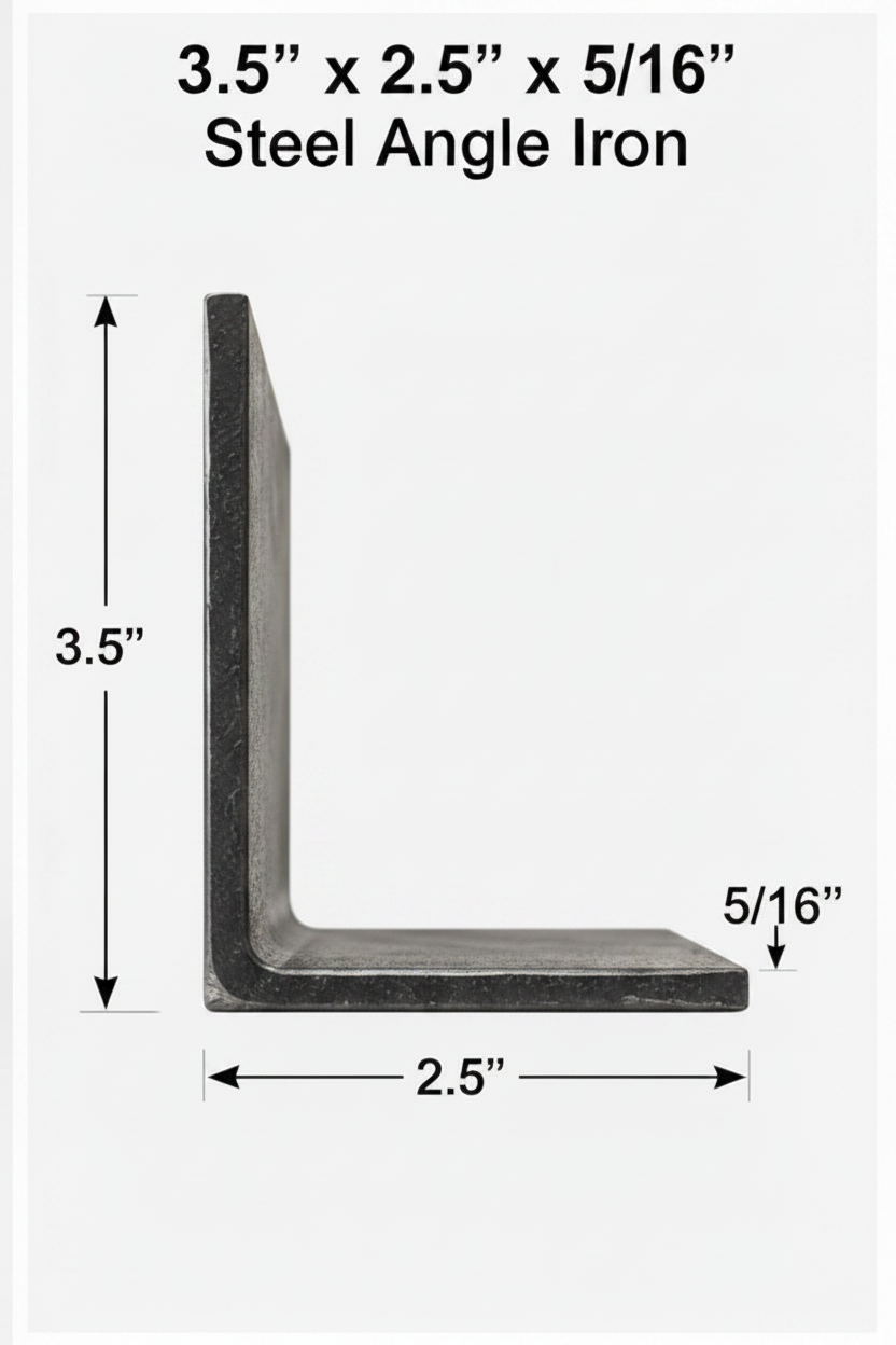 Steel angle iron with dimensions 3.5” x 2.5” x 0.3125” on a white background