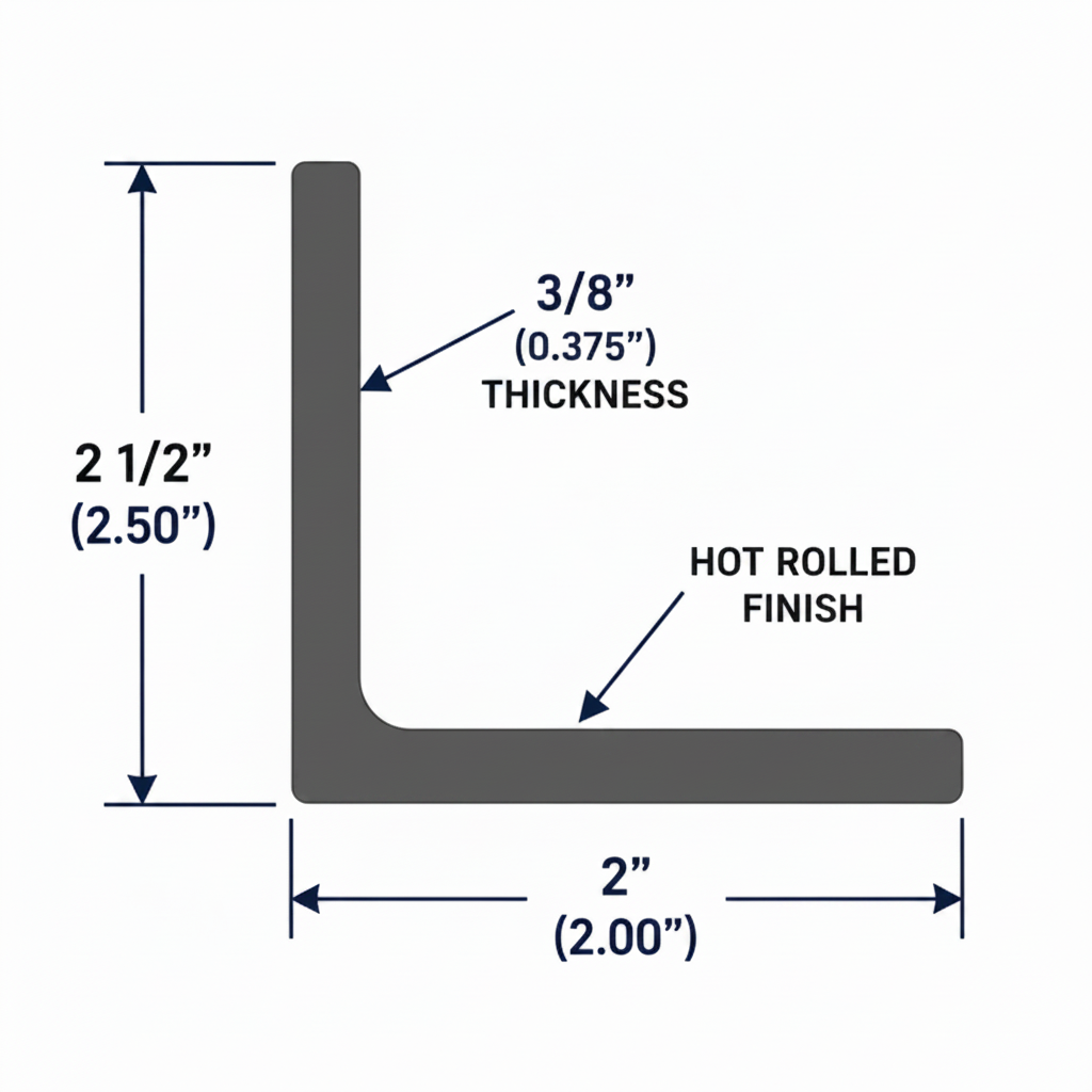 Steel angle iron with dimensions and material details on a white background