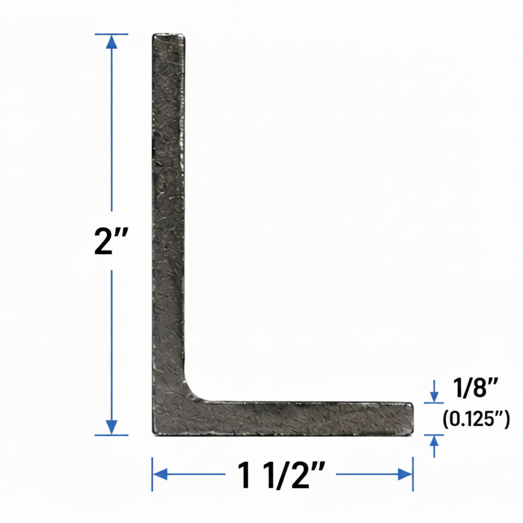 Steel angle iron with dimensions and specifications on a white background