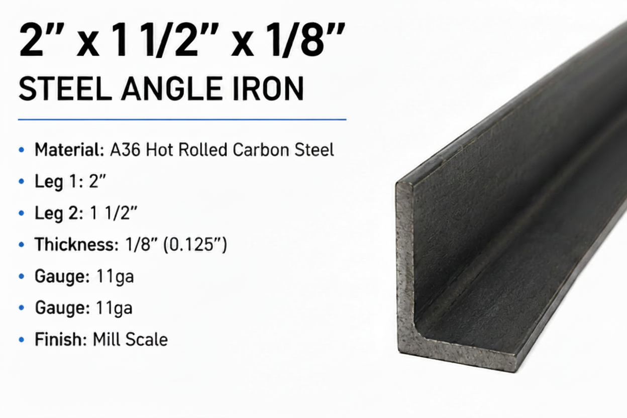 Steel angle iron with dimensions and specifications on a white background