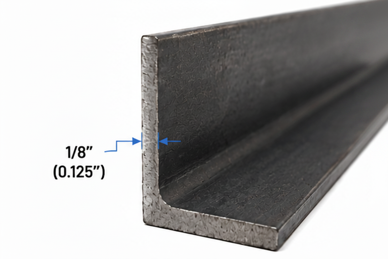 Steel angle iron with dimensions and specifications on a white background