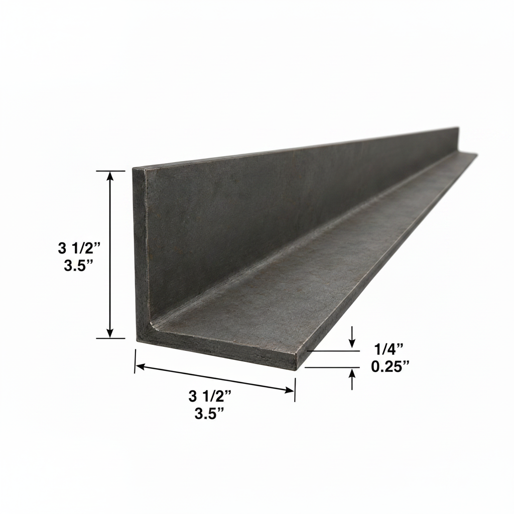 Steel angle iron with the measurements of 3 1/2” x 3 1/2” x 1/4”