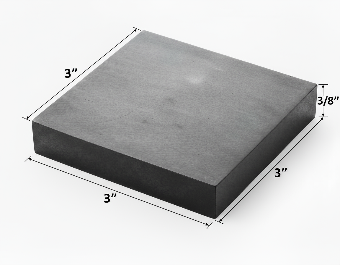Steel plate that is 3“ x 3“ x 3/8“ thick