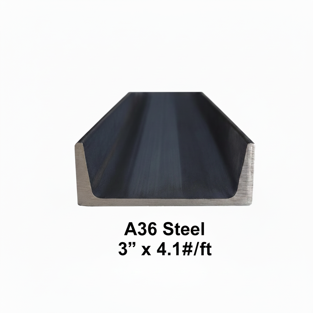 Strait on image of the cut edge of a section of steel channel 3” x 4.1 pounds per ft