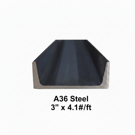 Strait on image of the cut edge of a section of steel channel 3” x 4.1 pounds per ft