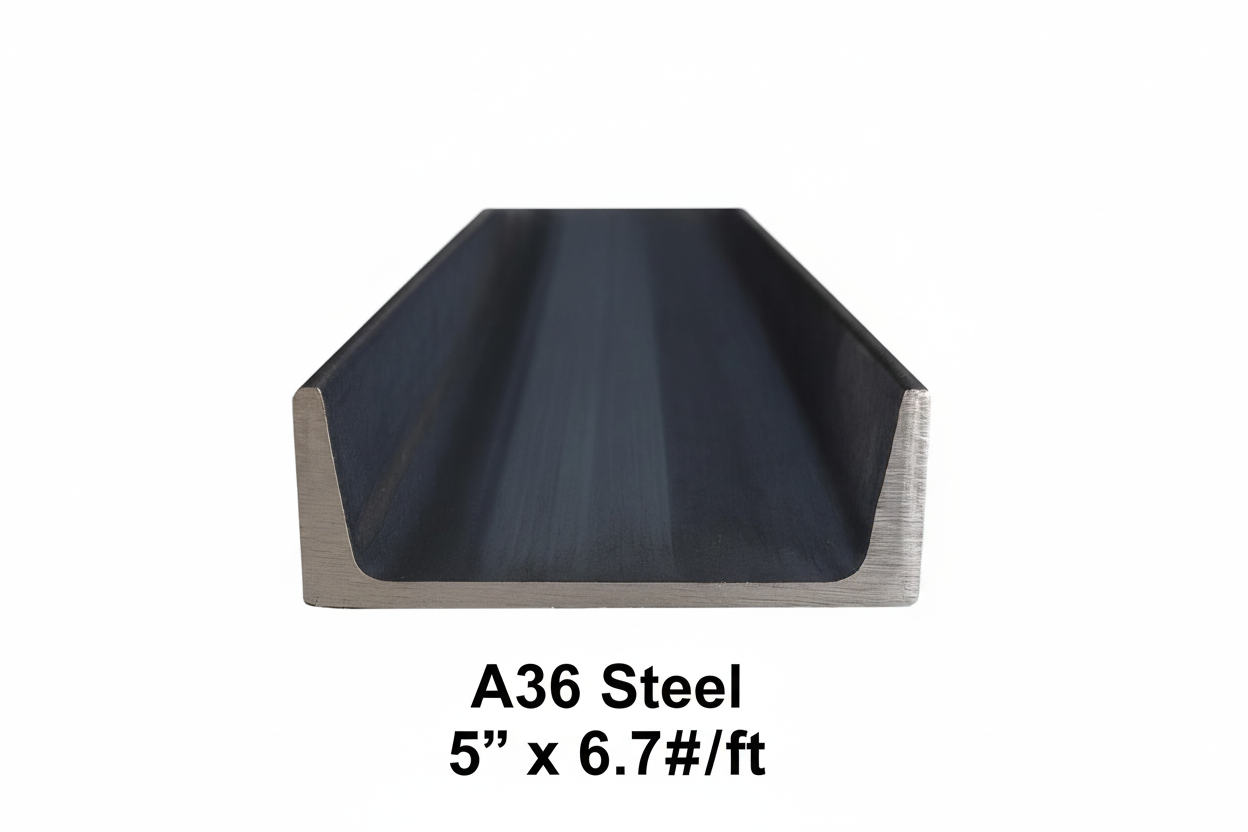 Strait on image of the cut edge of a section of steel channel 5” x 6.7