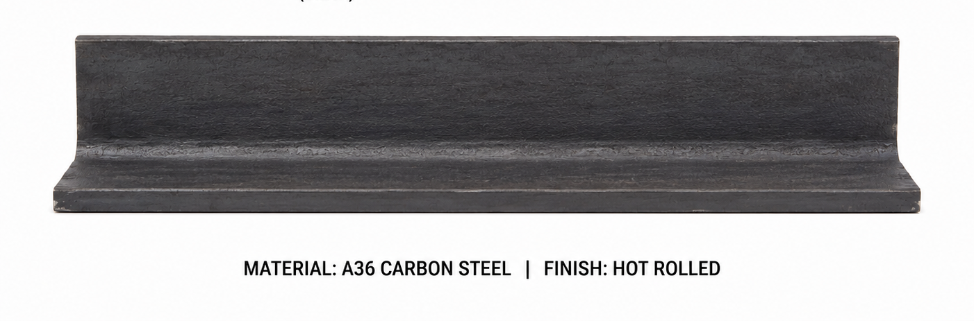 Technical drawing of an equal leg angle steel component with dimensions and material details.