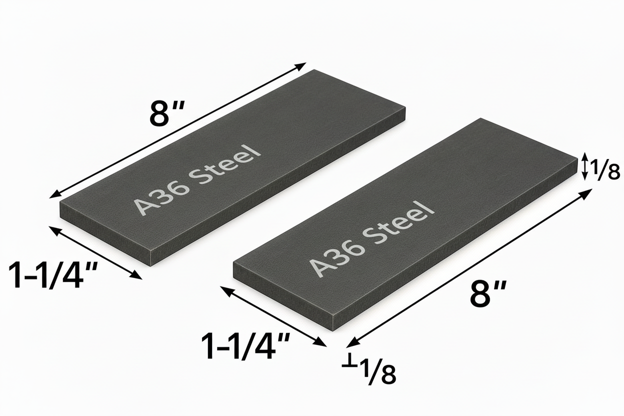 Two rectangles of steel that are 8 inches long by one and a quarter inch wide by 1/8 inch thick