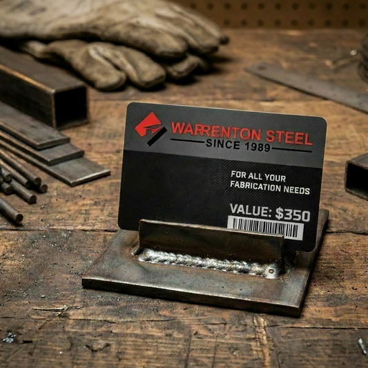 Warrenton Steel value card on a metal stand with tools in the background