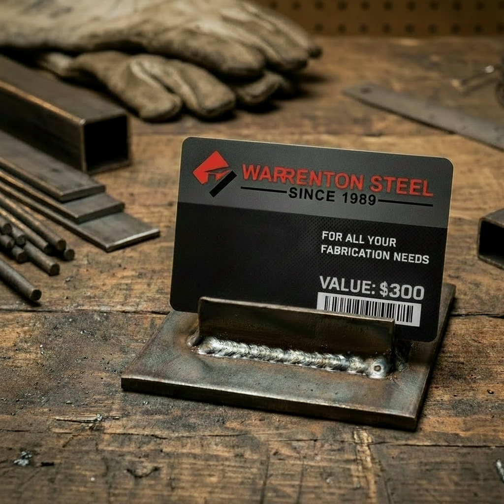 Warrenton Steel $300 gift card on a stand with metal bars and gloves in the background