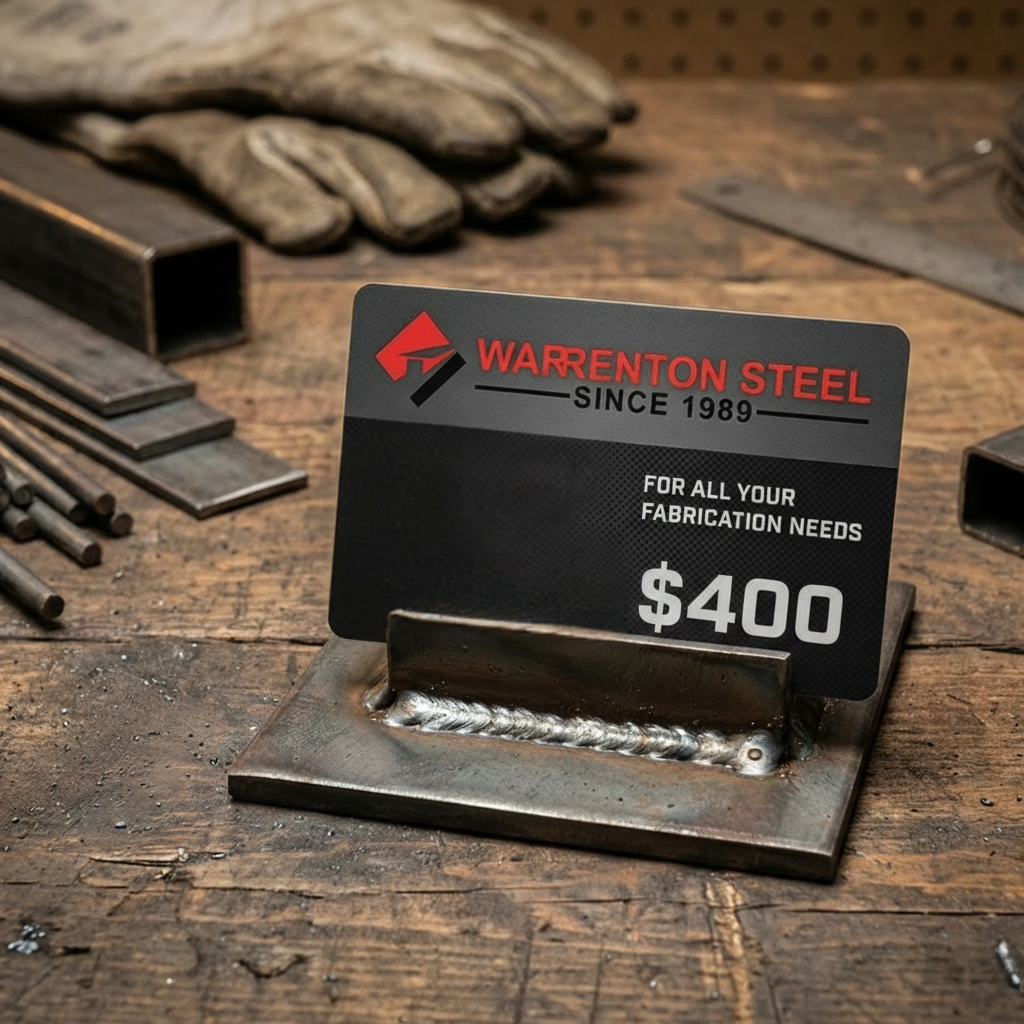 Warrenton Steel $400 gift card on a stand with metal bars and gloves in the background