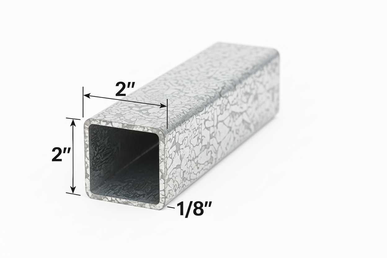 White square tube with the dimensions labeled on a white background