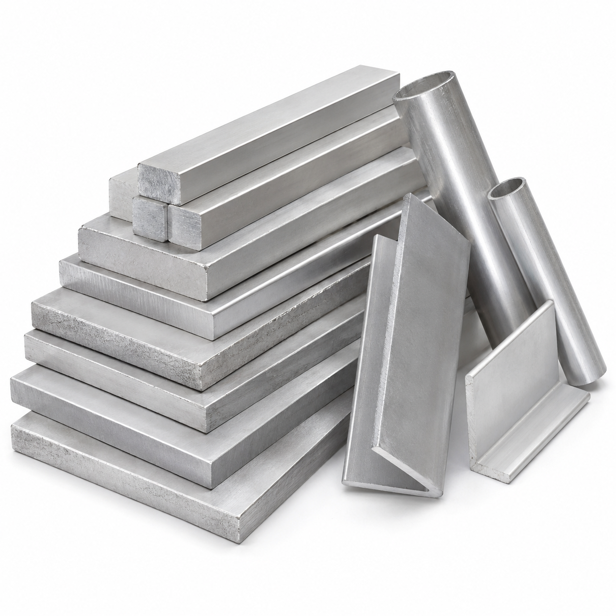 A pile of silver metal fabrication pieces, including rectangular flats, square bars, and rolled tubes, arranged on a white background.