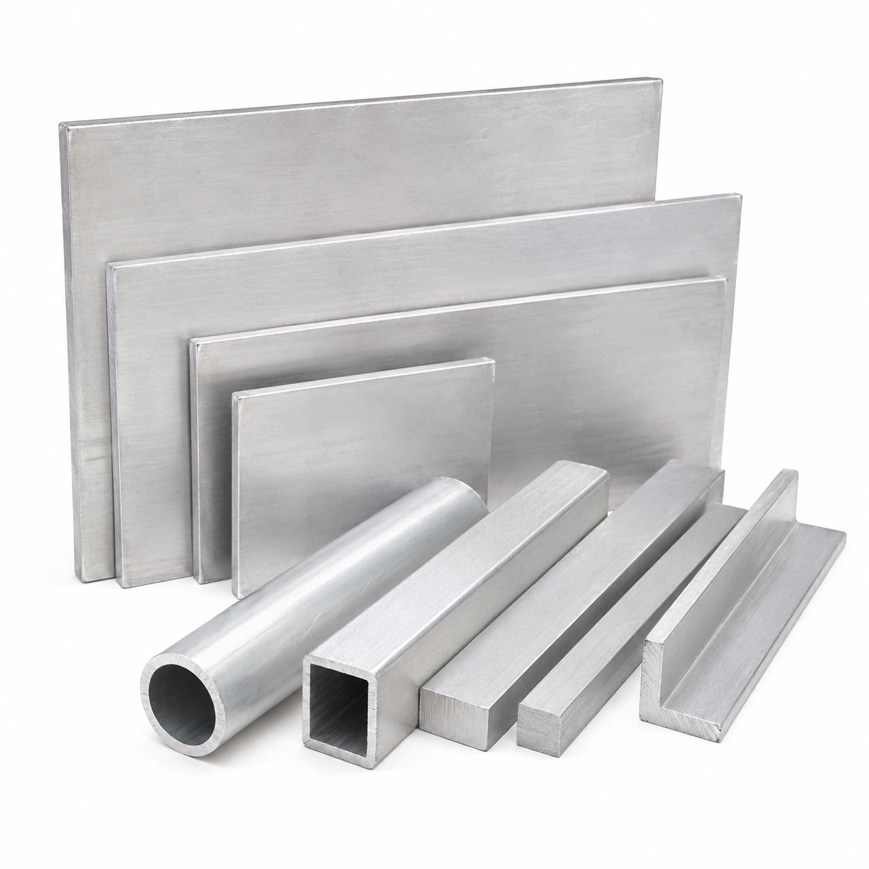 A set of brushed aluminum metal sheets and profiles in various rectangular and hollow tube shapes, arranged on a clean white background.