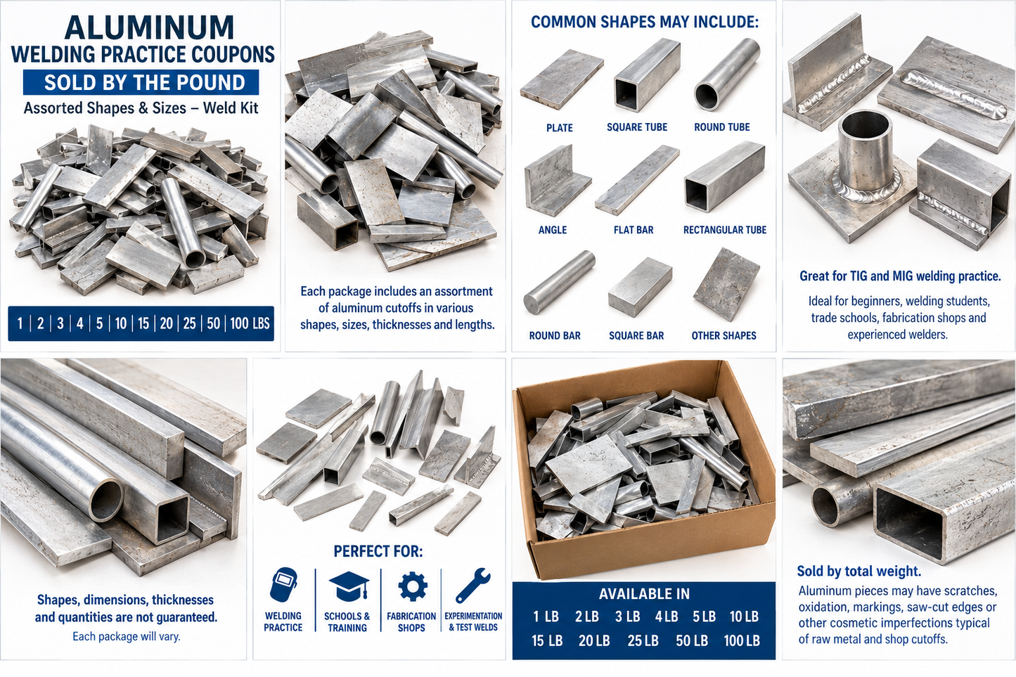 An informational product graphic for an aluminum welding practice coupon set. The image shows multiple cut samples of aluminum profiles and tubes, a cardboard box filled with pieces, and text describing available shapes, sizes, and use cases.