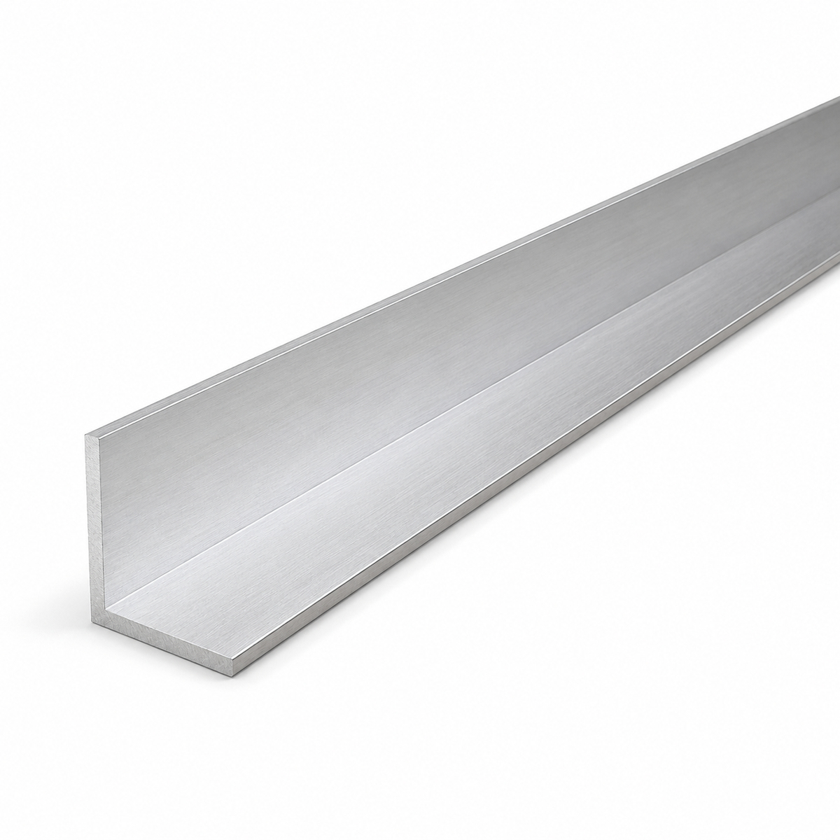 A long, straight brushed metal channel or U-profile bar shown at an angle on a clean white background.